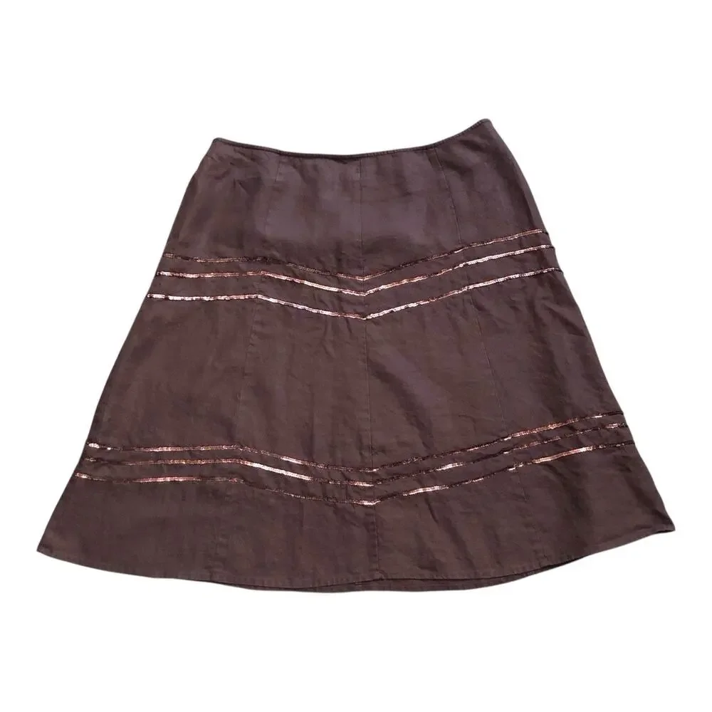 Style & Co Linen Skirt Womens Size 16 Brown A-Line Metallic Sequin Side Zip